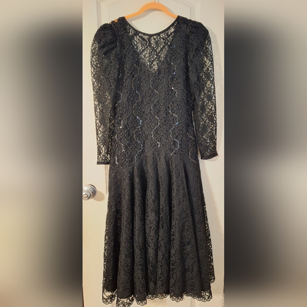 Vintage 80's blacks lace mermaid evening dress gothic long sleeve sz 8 grunge
